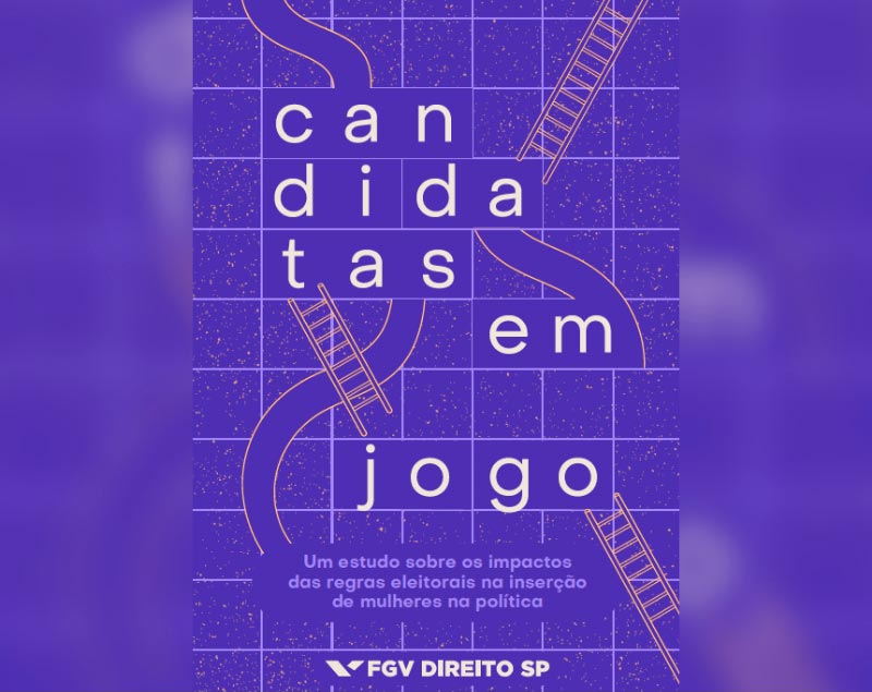 Foto da capa da publicação “Candidatas em jogo”. A capa é roxa, com textura pontilhada e quadriculada em branco. Há o desenho de três escadas e de três caminhos distribuídos numa composição gráfica.